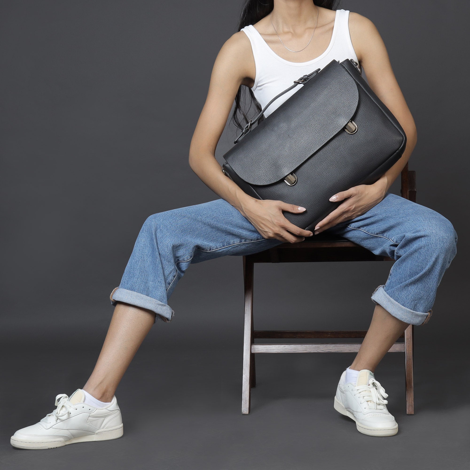 Black leather briefcase for women