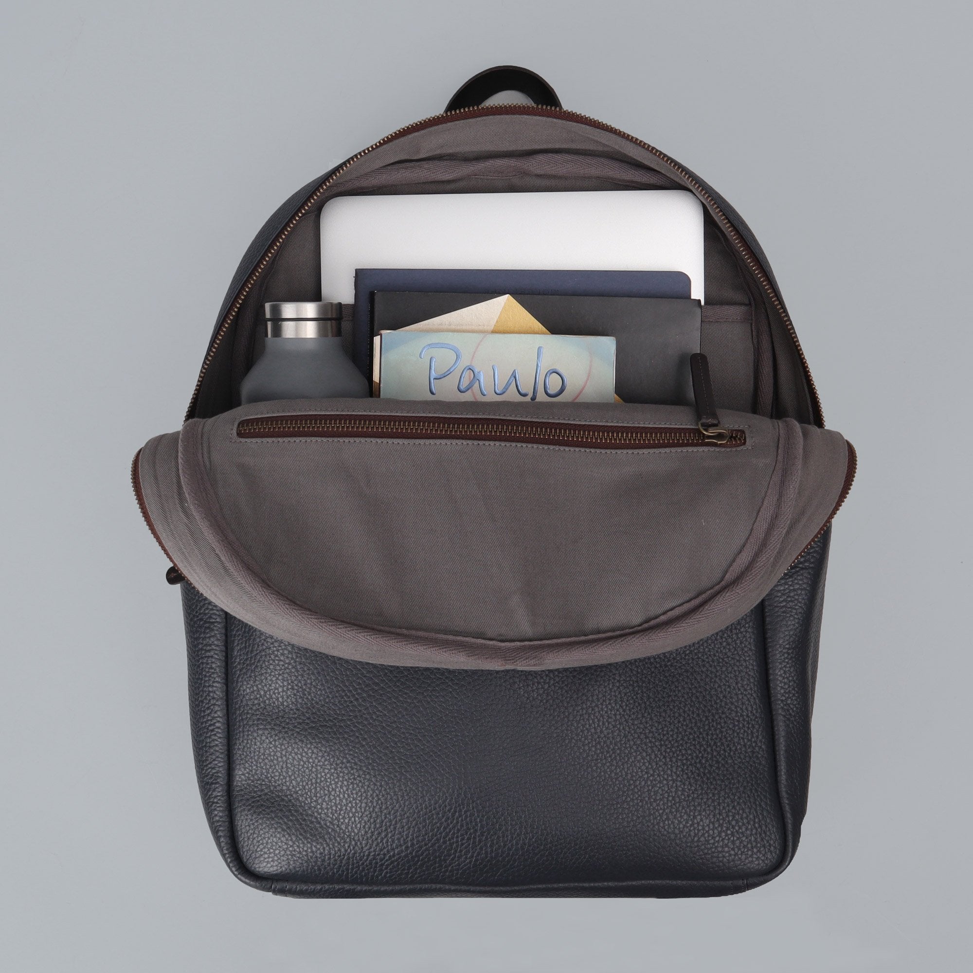navy leather college backpack