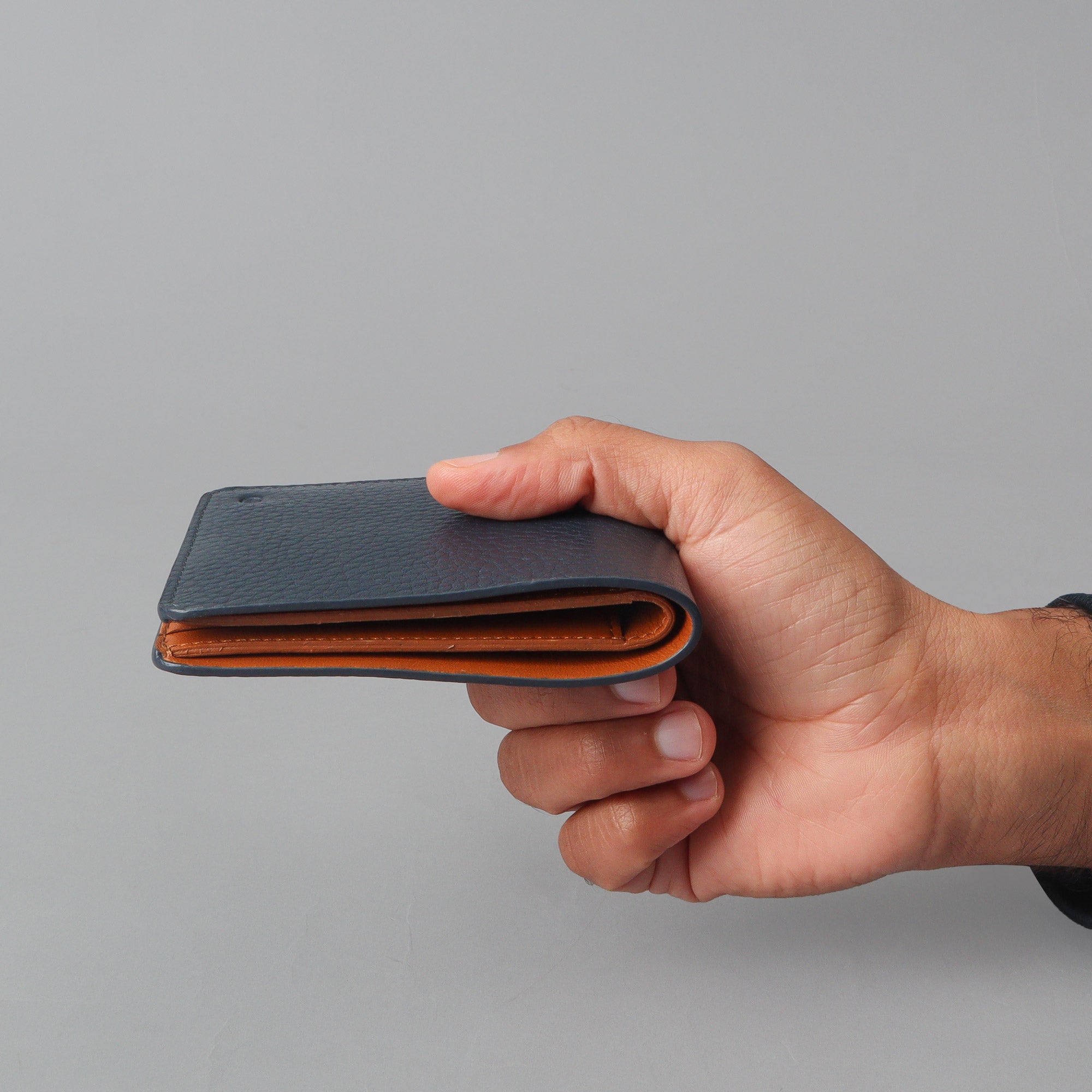 navy leather bi-fold leather wallet