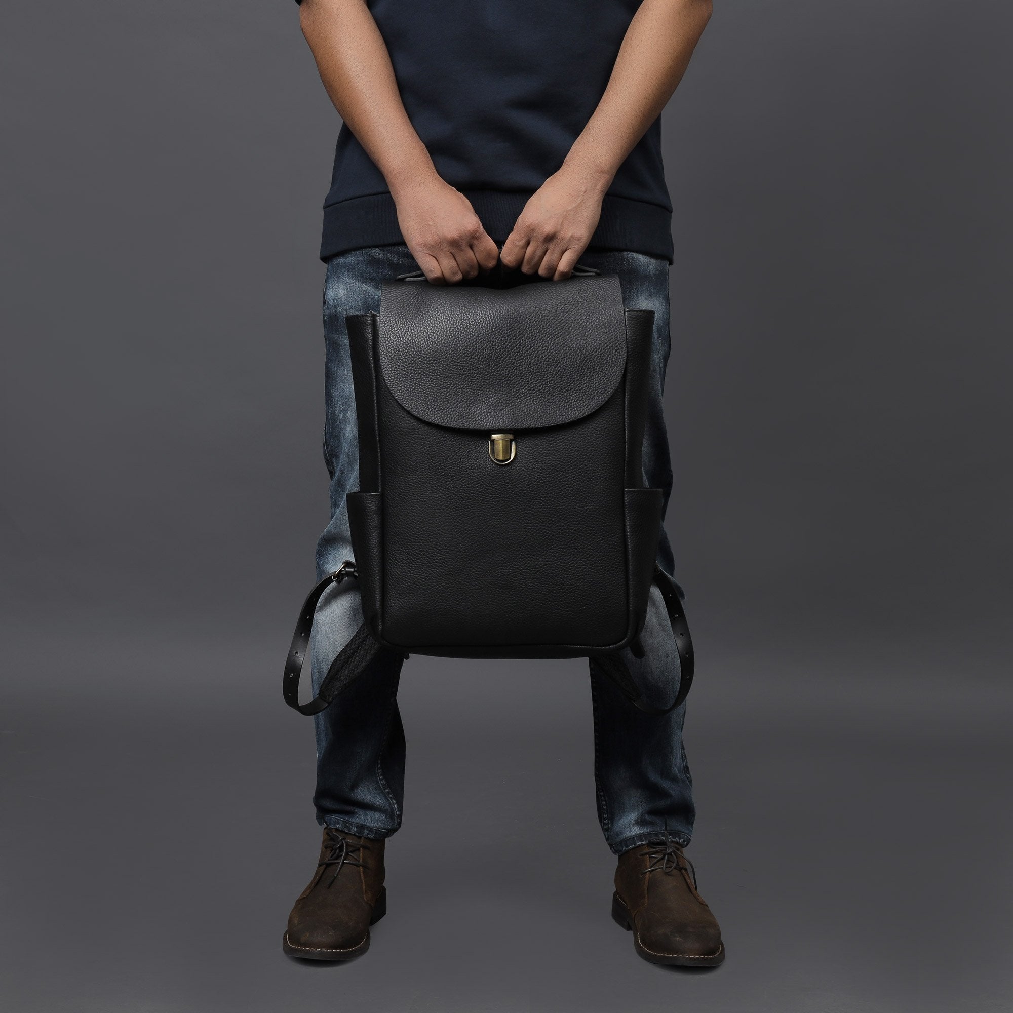 Black leather backpack for men