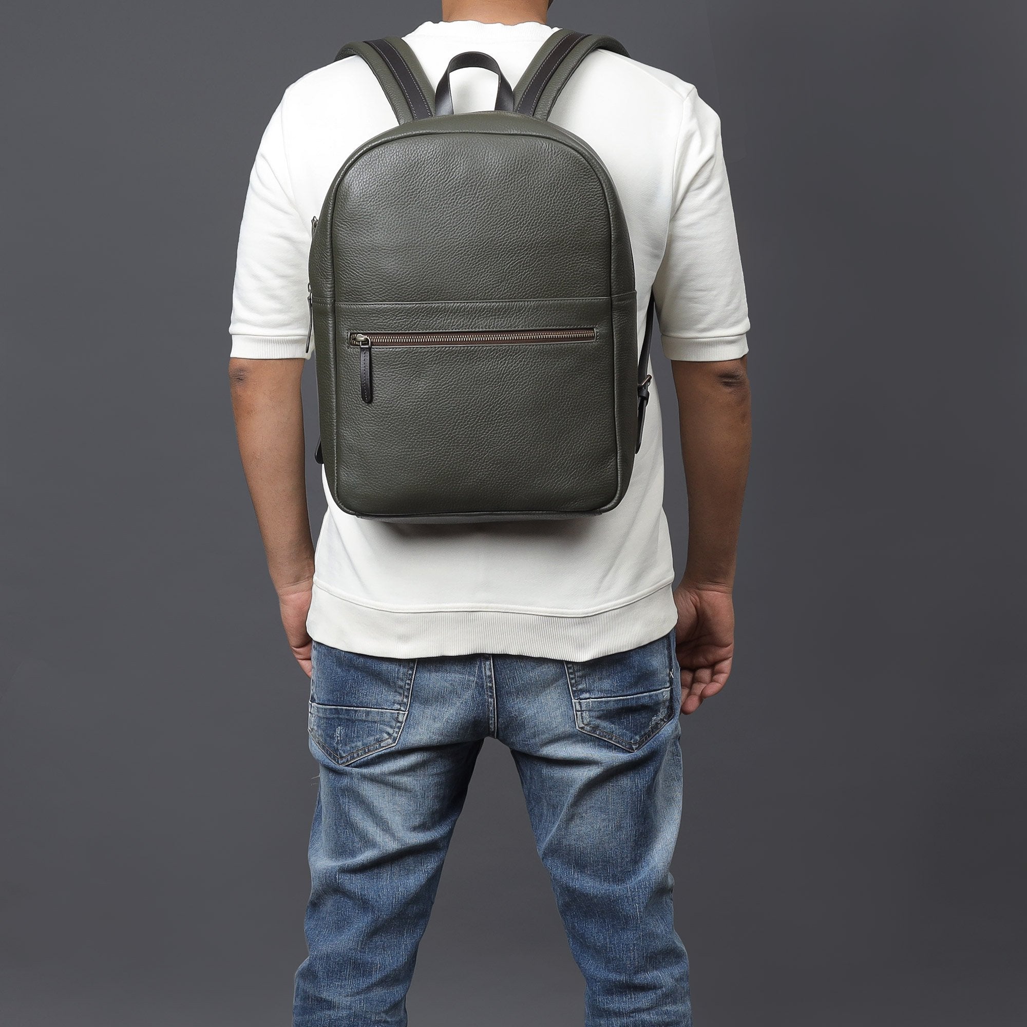Green leather backpack for men
