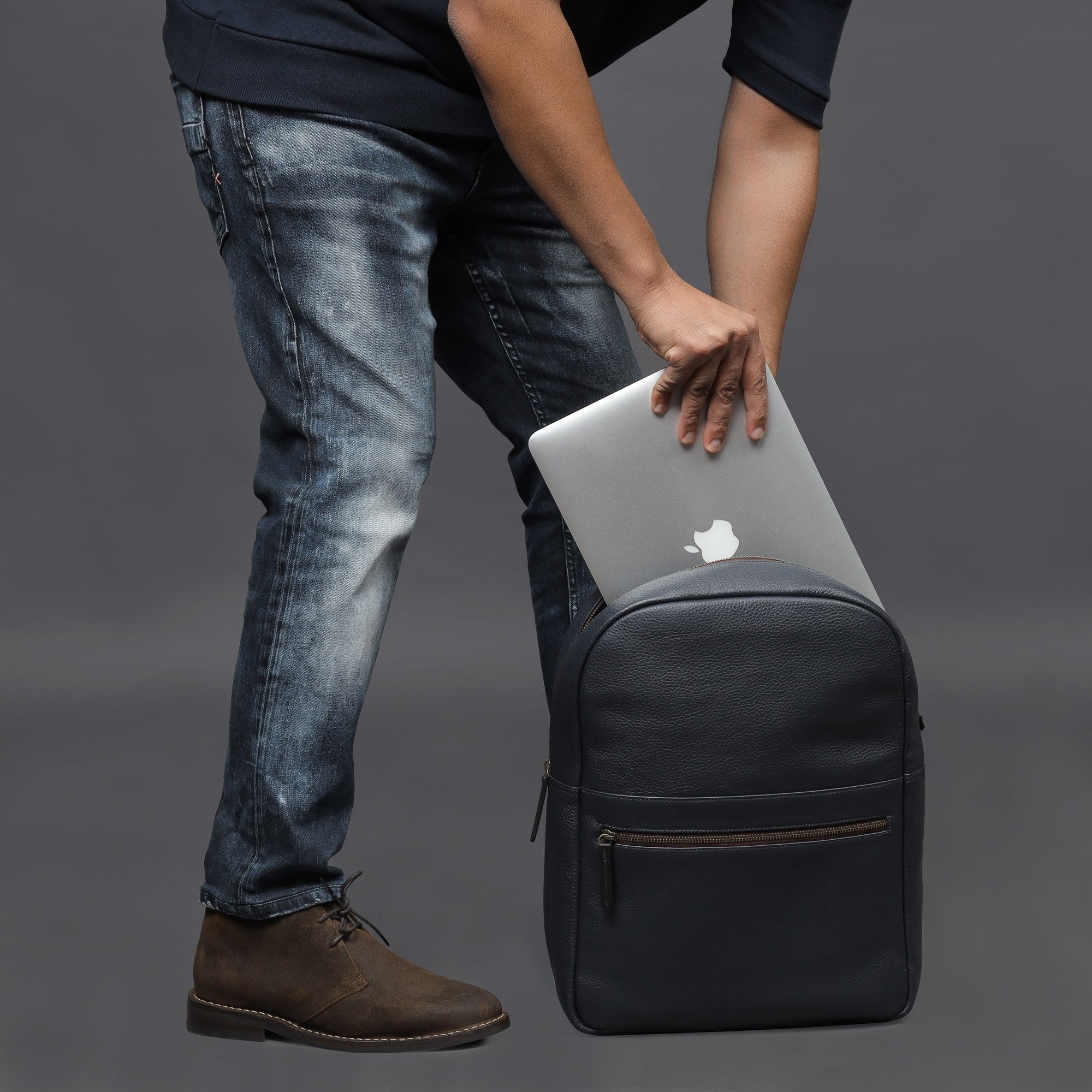 navy leather laptop backpack