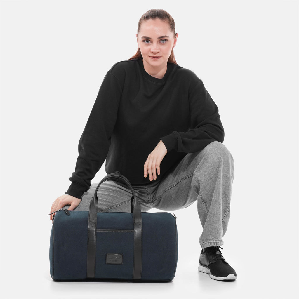 Miami Canvas Gym Bag in Blue, Full-Grain Leather & Canvas — view 6