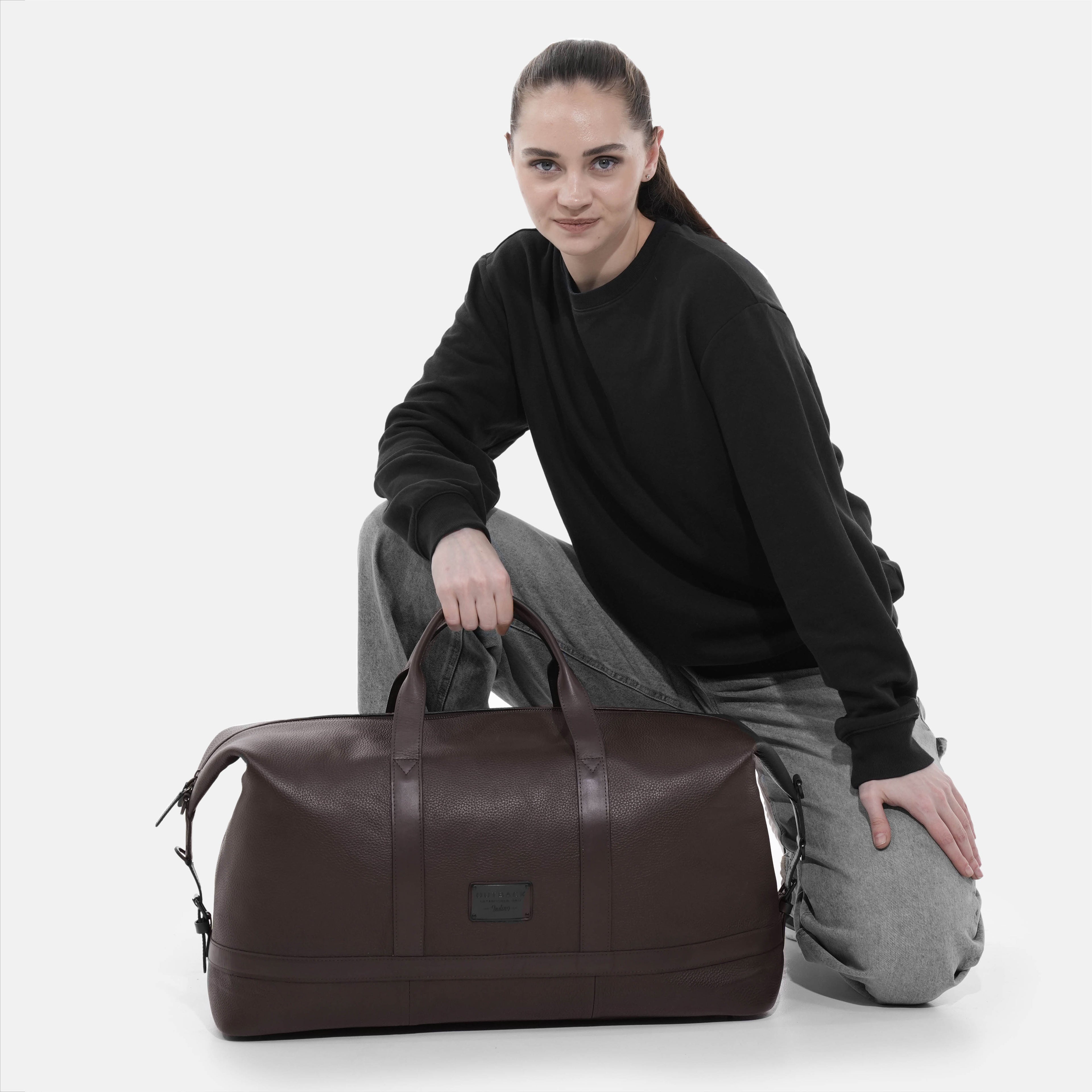 Runway Leather Travel Bag in Brown, Full-Grain Leather & Canvas — view 8