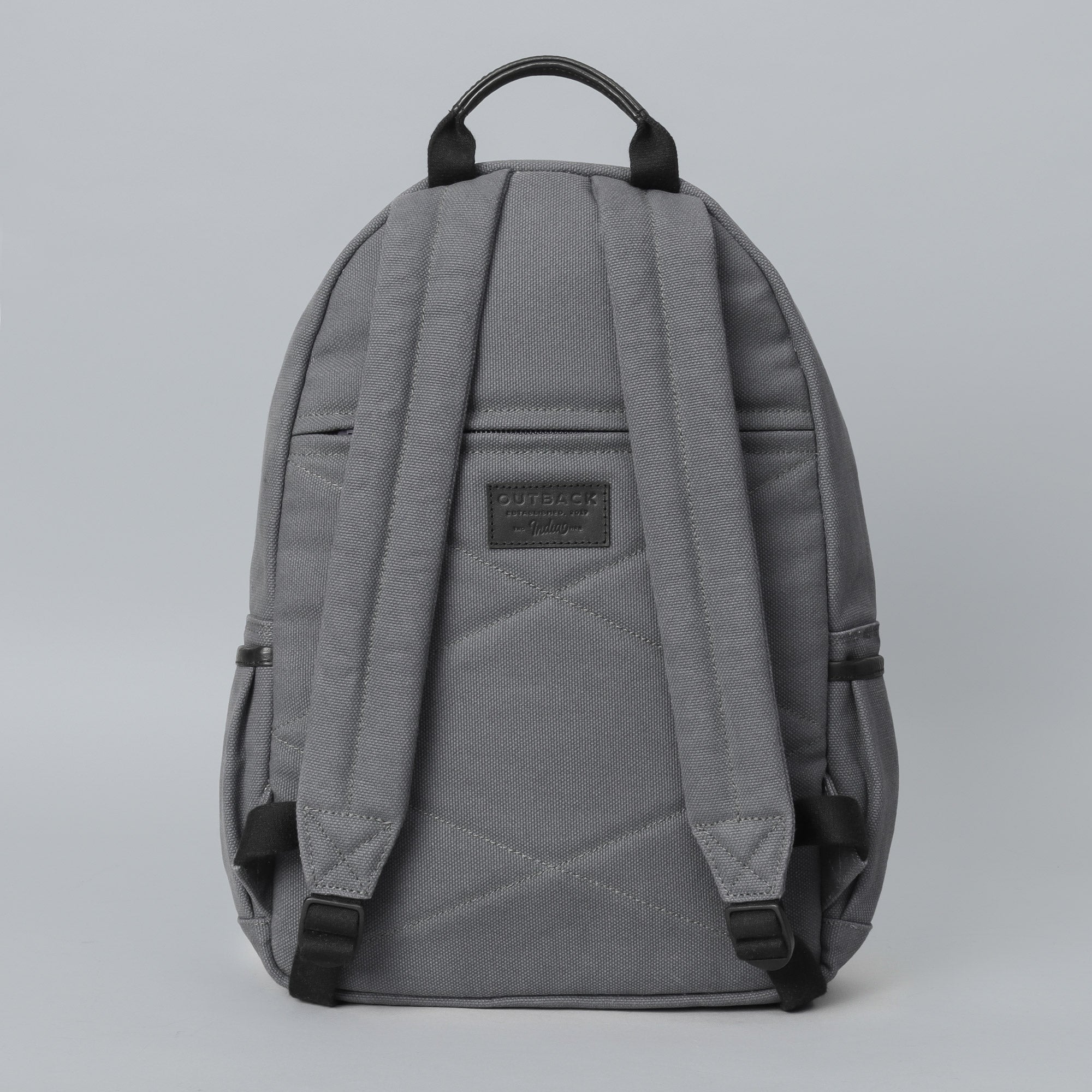 grey canvas hiking backpack