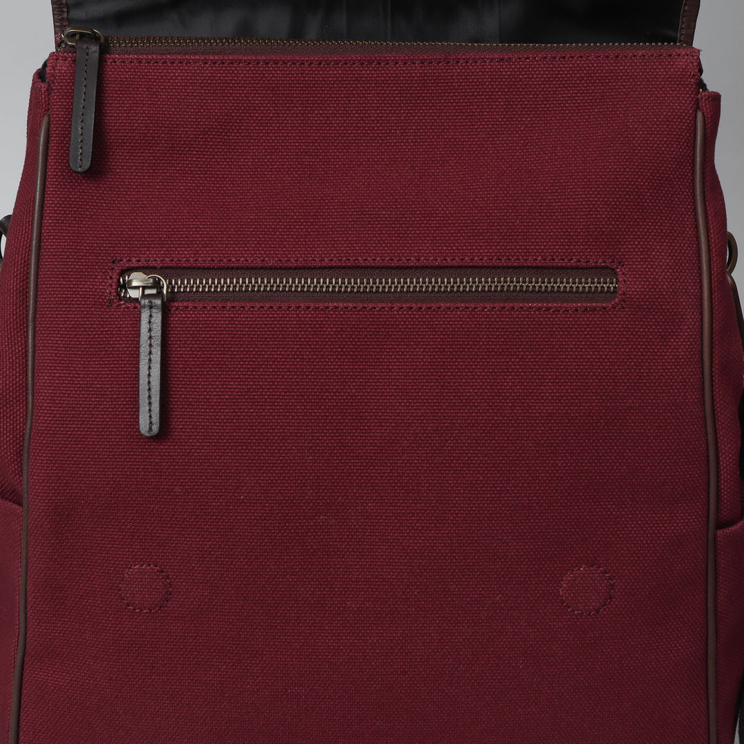 Maroon canvas diaper bag with YKK zippers