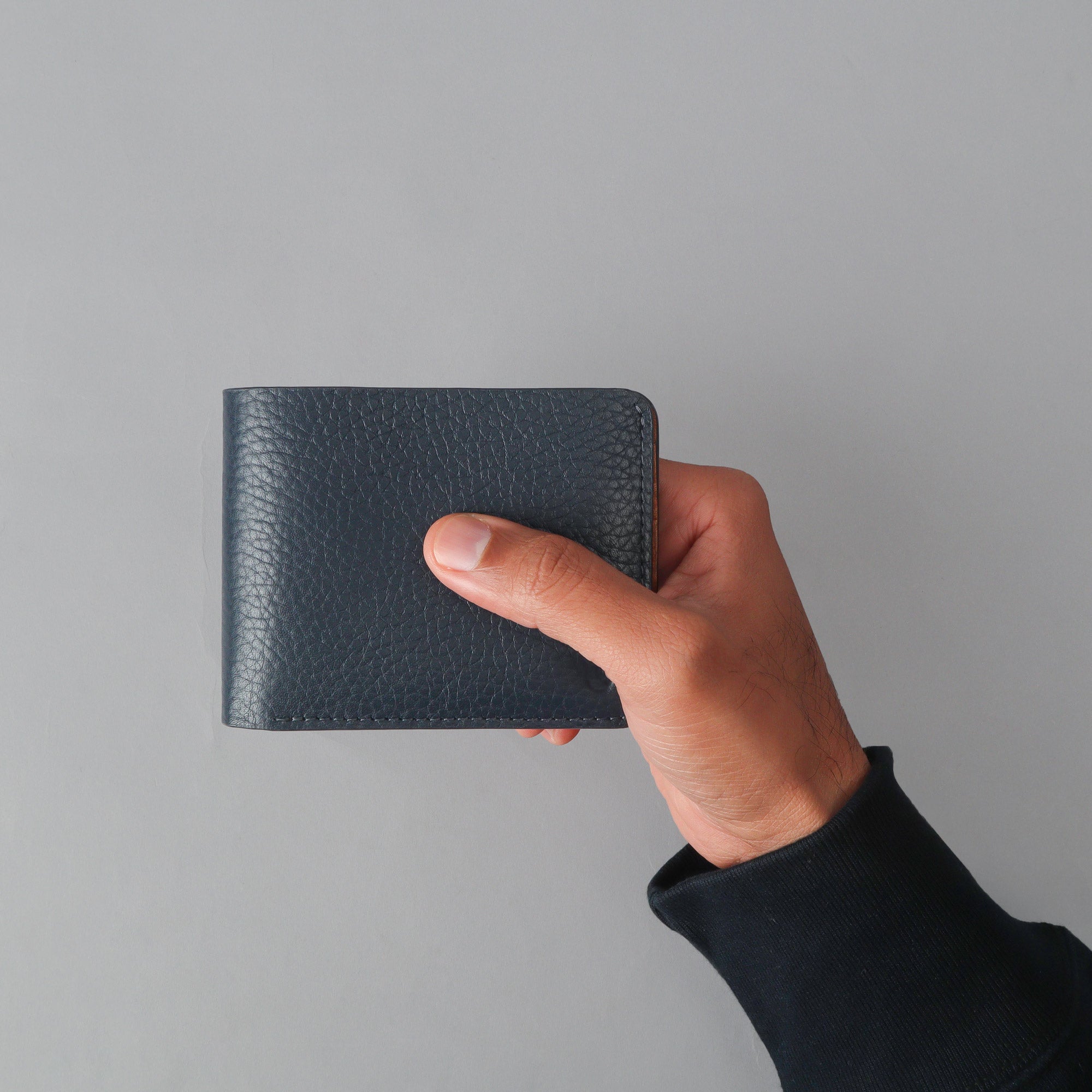 Navy leather bi-fold wallet with your name on it