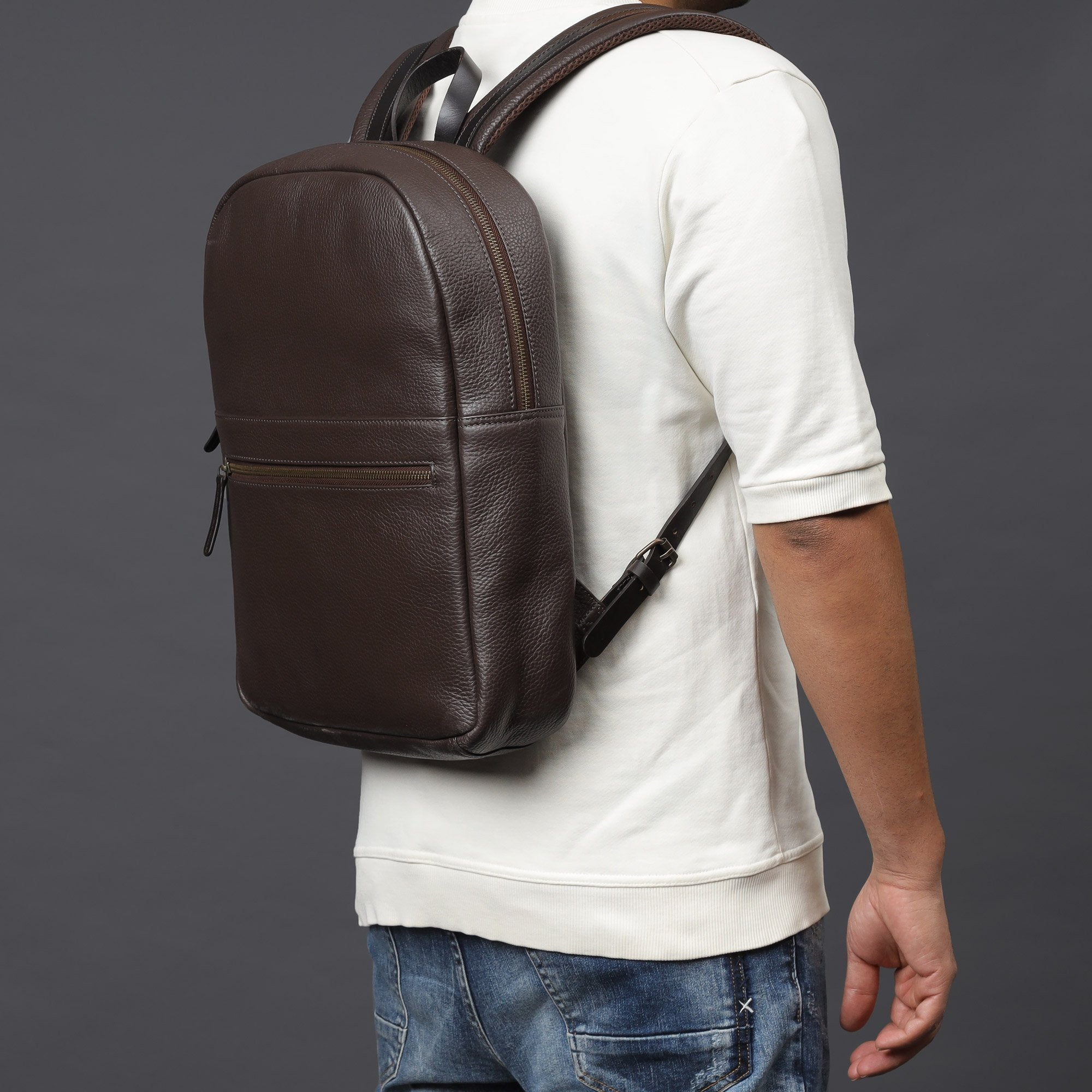 brown leather college backpack