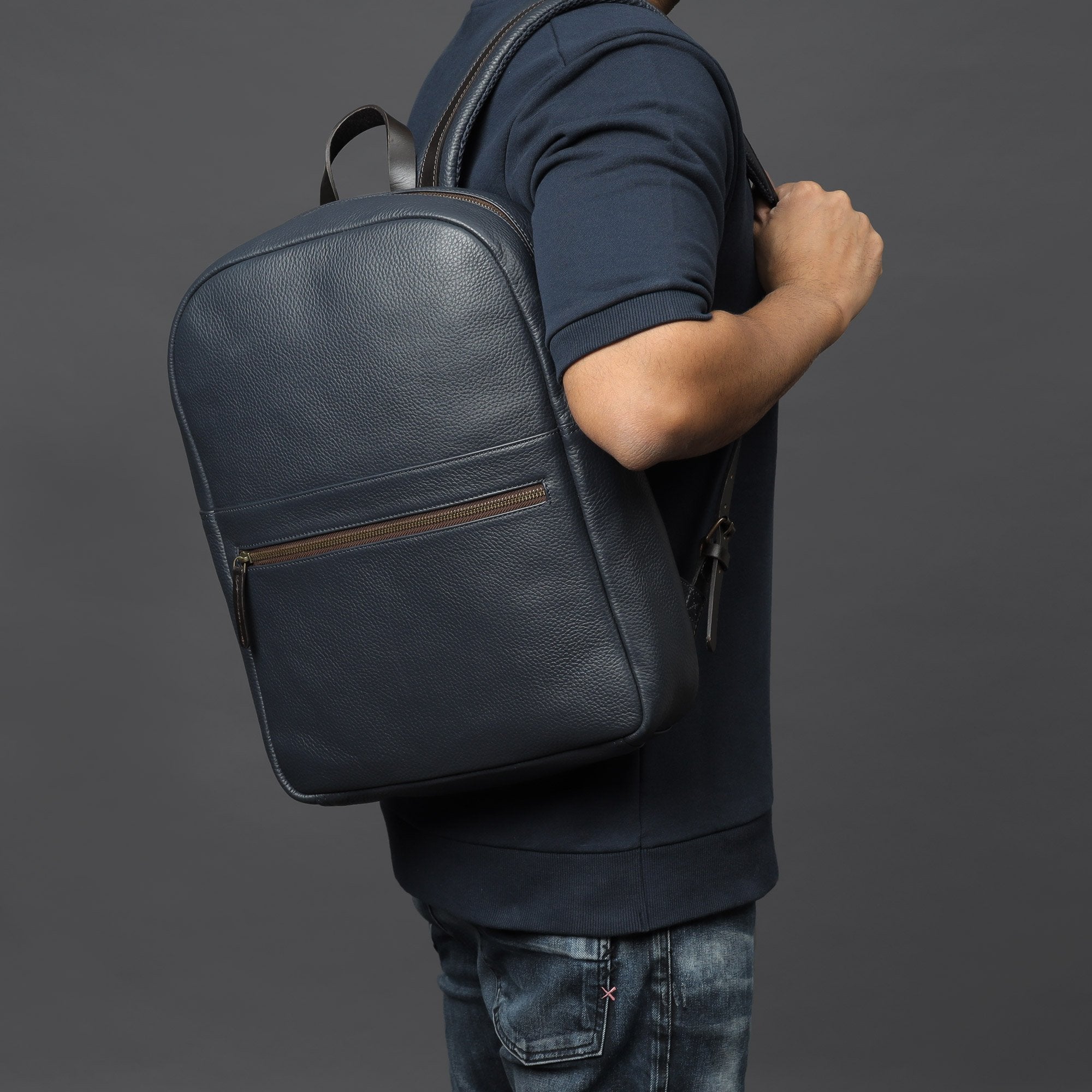 navy leather backpack for men